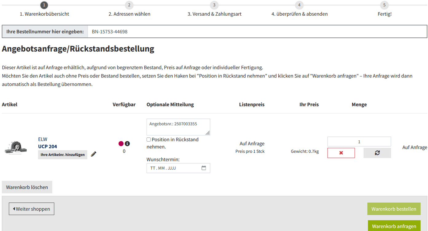 Angebotsübersicht im Kundenbereich