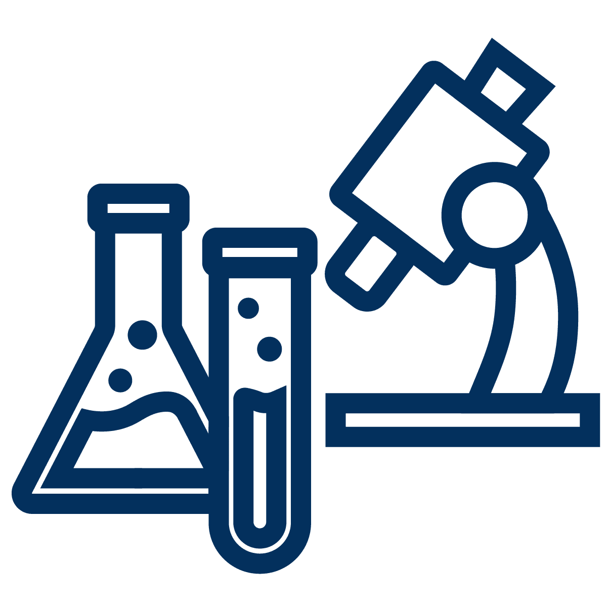 Mikroskop mit einem Reagenzglas und Erlenmeyerkolbenglas als Icon in blau