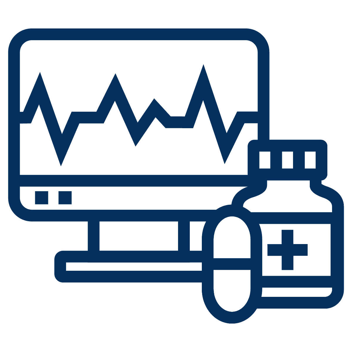 EIn Monitor mit Diagnose und Tablettendose als Icon in blau